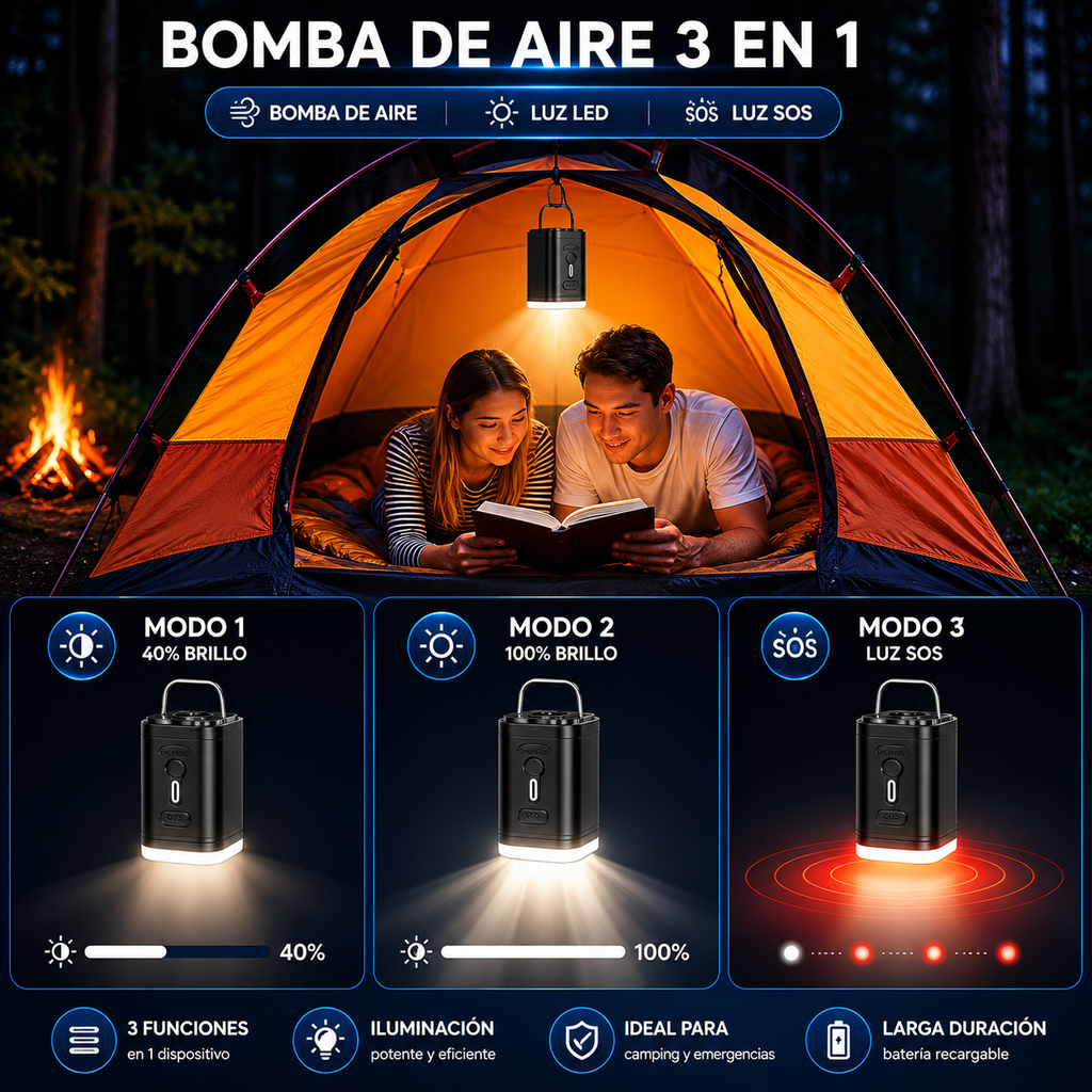 Inflador Eléctrico Portátil USB con Luz LED para Colchones y Camping