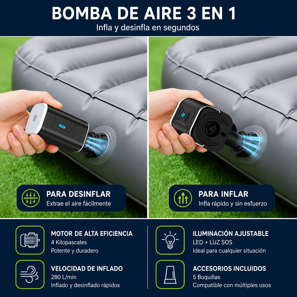 Inflador Eléctrico Portátil USB con Luz LED para Colchones y Camping