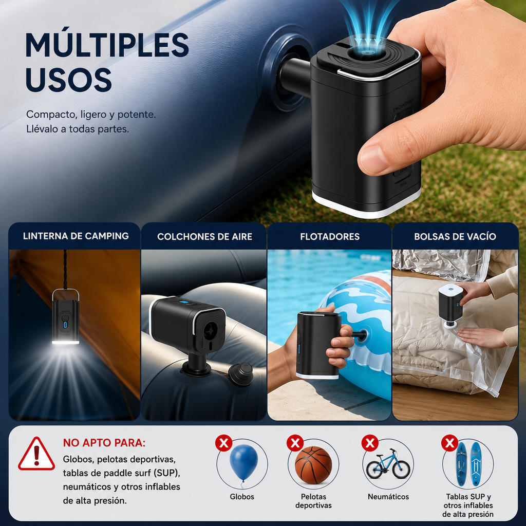 Inflador Eléctrico Portátil USB con Luz LED para Colchones y Camping